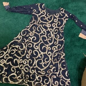 Elegant Navy Dress with Gold Swirl Design kameez set with Churidar